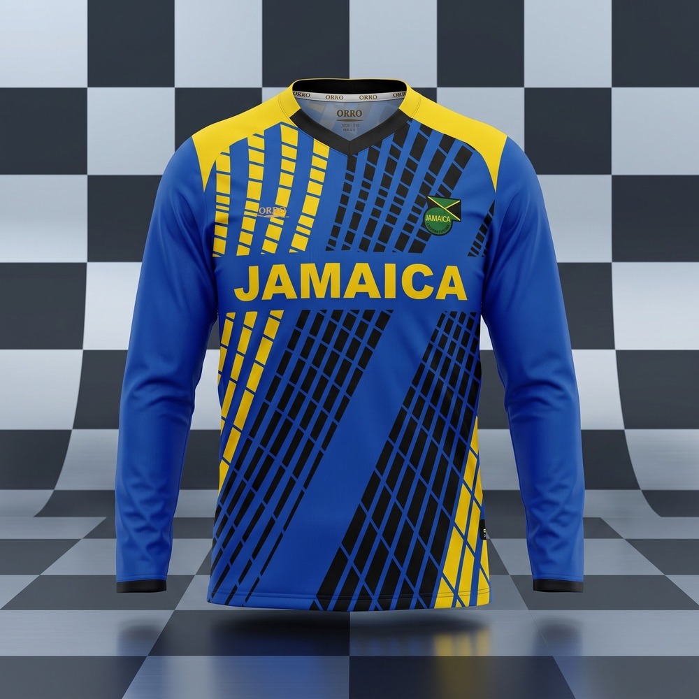 ORRO Jamaica Soccer Jersey Long Sleeve #10 Dri-Fit Graphic Blue Yellow Men L EUC